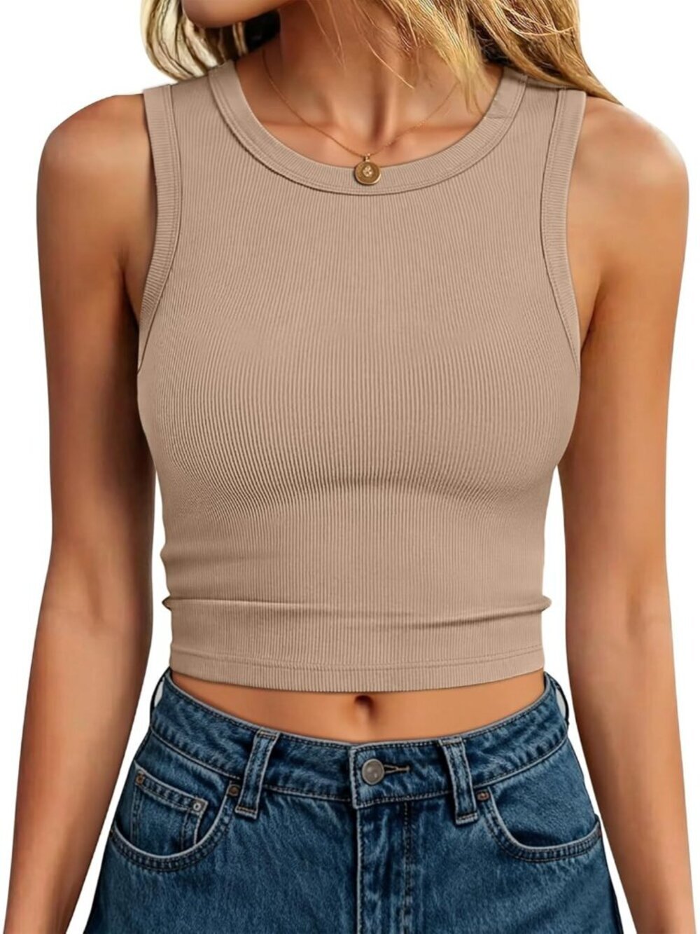Women's Camel High Neck Ribbed Slim Fit Sleeveless Casual Basic Crop Tank Tops